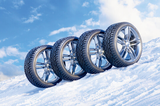 Car wheels in row on a snowy mountain slope 3D