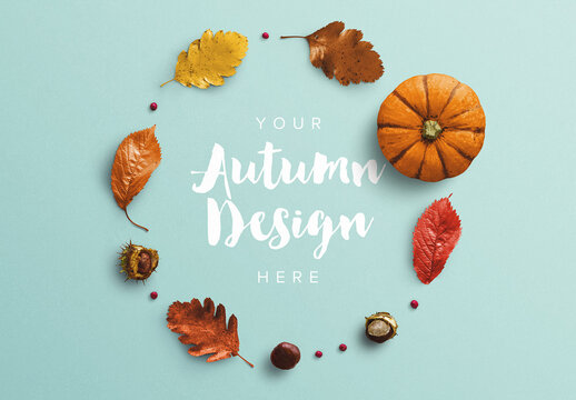 Autumn Frame Pumpkin and Leaves Mockup