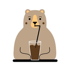 Vector illustration with bear drinking from glass. Trendy print design with animal, sticker template