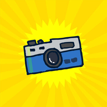 vector illustration of pocket camera icon isolated on yellow background. comic style, hand drawn vector. doodle camera. modern scribble for kids, sticker, clip art, competition, poster. cartoon style.