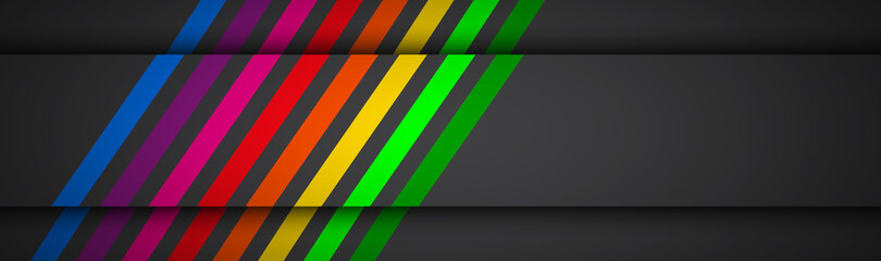 Modern rainbow colored lines on black header. Vector illustration for your presentation. Simple banner for your business