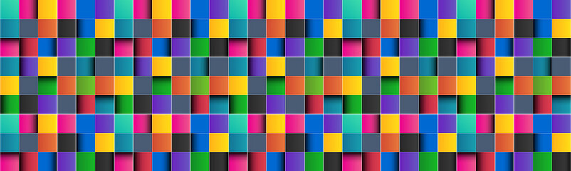 Colorful square abstract header with white lines. Colored square with shadows banner. Pixel mosaic background. Vector illustration