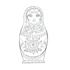 Russian folk doll, matryoshka doll in a scarf isolated on a white background. Vector black and white image, for background, design, illustration, coloring.