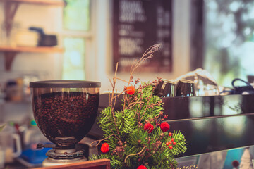vintage coffee shop with coffee beans and equipment background
