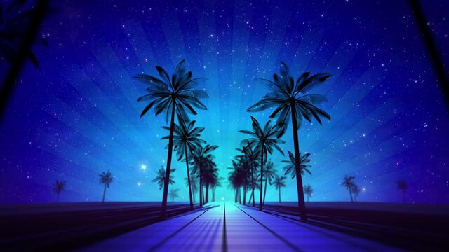 ヤシの並木路とメッシュの地面と星と集中線のループ