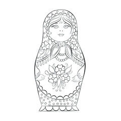 Russian folk doll, matryoshka doll in a scarf isolated on a white background. Vector black and white image, for background, design, illustration, coloring.