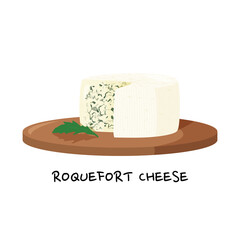 Blue cheese isolated on white background. Roquefort cheese on a wooden tray vector illustration.