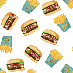 French fries and burger background. Fastfood vector seamless pattern.