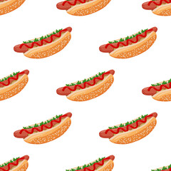 Hot dog seamless pattern. Fastfood colorful vector background.