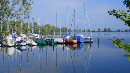 sich im Wasser spiegelnde Segelboote an einer Anlegestelle am Bodensee