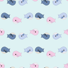 seamless pattern with cute whales on a turquoise background.