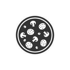 Round pizza simple vector icon. Black pizza symbol with salami, olives and mushrooms.