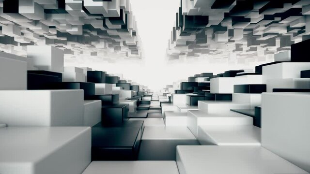 Abstract geometric tunnel made of black and white cubes with random movement. Seamless loop 3d render