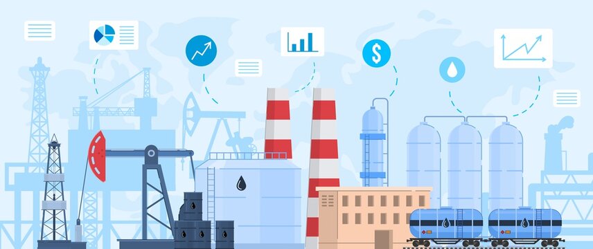 Oil gas industry vector illustration. Cartoon flat industrial landscape with chemical or petrochemical processing oil refinery plant and oil gas extraction factory, rig tower silhouettes background