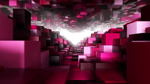 Abstract geometric tunnel made of red cubes with random movement