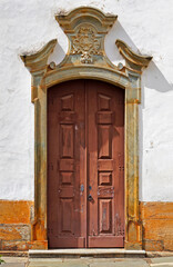 Baroque church door in Sao Joao del Rei, Minas Gerais, Brazil 