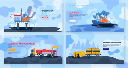 Oil gas industry pollution, eco accident vector illustration. Cartoon flat ecocatastrophe collection with offshore platform, oil gas transportation and refining industrial factory pollute environment