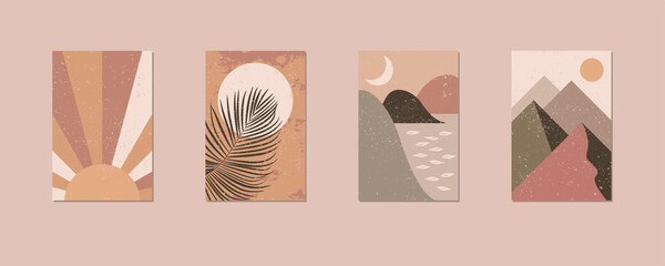 Minimalist wall art. Abstract landscapes for boho esthetic interior. Home decor wall prints. Soft pink, terracotta colors with mustard hues. Sun and moon. Contemporary artistic EPS 10 printable vector © babayuka