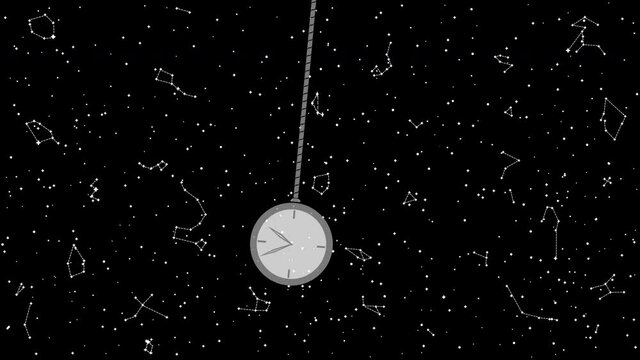 Animation of Black and White Swinging Pendulum with Clock. Single Object Isolated on Starry Night Background. Panoramic Sky Map of Hemisphere. Loop Seamless Stock Footage. 3D Graphic