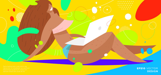 Beautiful woman on tropical beach with laptop. Summer freelance lifestyle. Remote social media communication Eps 10 vector illustration.