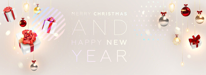 Happy New Year trendy cover background design with liquid dynamic fluid elements and Christmas toys for greeting card, banner, placard or poster. Eps10 vector illustration