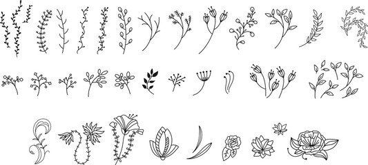 Hand drawn Botanical Set of design elements with flower and leaf. Simple Boho Flower for Logo design,Tattoo sketches. Perfect for wedding invitations, greeting cards, blogs, posters