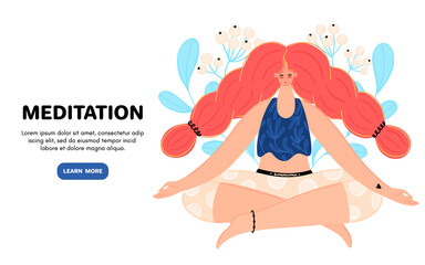 Meditating redhead woman. Concept of meditation. Girl with braids sits in the lotus position. Character design. Balance and harmony. Flat style. Banner, poster, advertising. Vector illustration, eps10