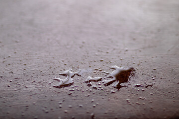 Small and large drops of rain on a wooden surface. Close-up with blurred background.