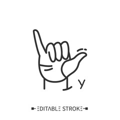  Hand gesture showing Y letter line icon. Fingerspelling American sign language alphabet for deaf-mutes. Shaka, hang loose, hello sign. Emoji. Mudra. Isolated vector illustration. Editable stroke 