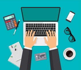 Vector workspace owerhead view. Modern business work desk top in trendy style. Hands are typing on a computer. Laptop, glasses, smartphone, coffee, calculator isolated on blue background.