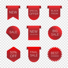 Red sale banner. New collection tags. Price sticker and coupons. Discount banner elements, special offer stickers, seasonal clearance labels for website and advertising.
