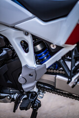 BANGKOK, THAILAND - SEPTEMBER 26, 2020 : Honda Africa Twin Enduro motorcycle model.Close-up front view.