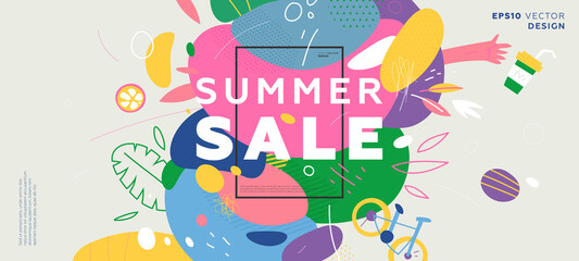 Summer trendy banner background. Liquid fluid elements, tropical leaves and flowers. Eps10 vector illustration