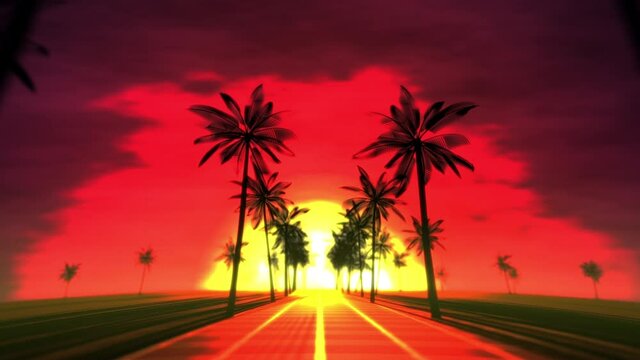 ヤシの並木路と夕焼けとメッシュの地面とのループ