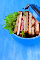 Assortment of two sandwiches in lunch box against the blue background. Sweet and savory sandwiches. Concept of home prepared meals