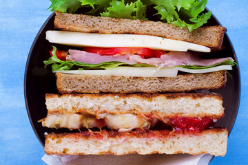 Assortment of two sandwiches in lunch box against the blue background. Sweet and savory sandwiches. Concept of home prepared meals