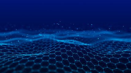 Futuristic blue hexagon background. Futuristic honeycomb concept. Wave of particles. 3D rendering. - obrazy, fototapety, plakaty