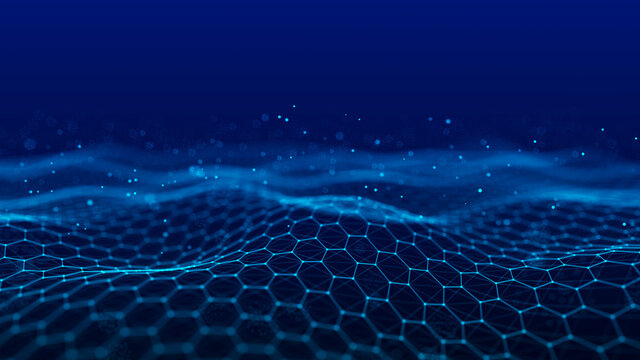 Futuristic blue hexagon background. Futuristic honeycomb concept. Wave of particles. 3D rendering.
