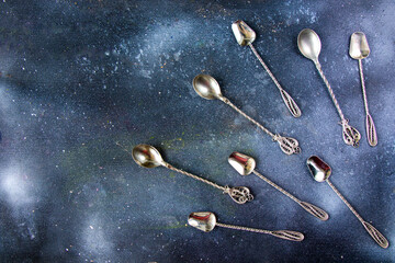 Silverware, silver vintage spoon background, spoon set