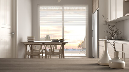 Wooden table top or shelf with minimalistic modern vases over blurred modern white and wooden kitchen, dining table, panoramic window, minimalist architecture interior design