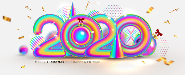 Happy New Year trendy cover background design with liquid dynamic fluid elements and Christmas toys for greeting card, banner, placard or poster. Eps10 vector illustration