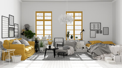 Scandinavian open space in white and yellow tones, living room and bedroom with sofa and bed, coffee tables, carpet, decors and potted plants, parquet floor, modern interior design