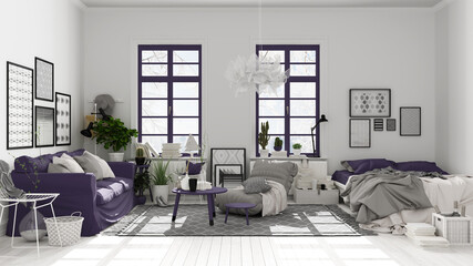 Scandinavian open space in white and purple tones, living room and bedroom with sofa and bed, coffee tables, carpet, decors and potted plants, parquet floor, modern interior design