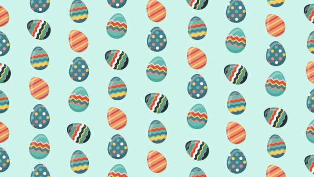 Animation of patterned Easter eggs on blue background. Easter celebration concept