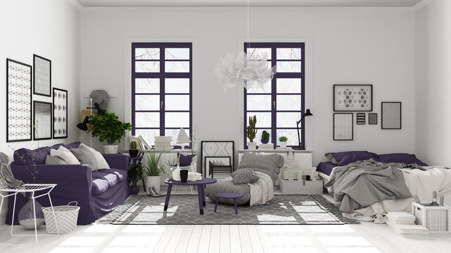 Scandinavian open space in white and purple tones, living room and bedroom with sofa and bed, coffee tables, carpet, decors and potted plants, parquet floor, modern interior design