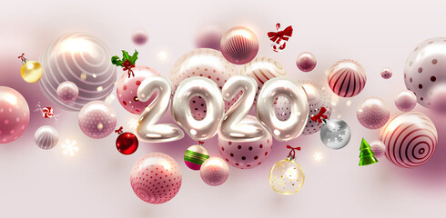 Happy New Year trendy cover background design with liquid dynamic fluid elements and Christmas toys for greeting card, banner, placard or poster. Eps10 vector illustration