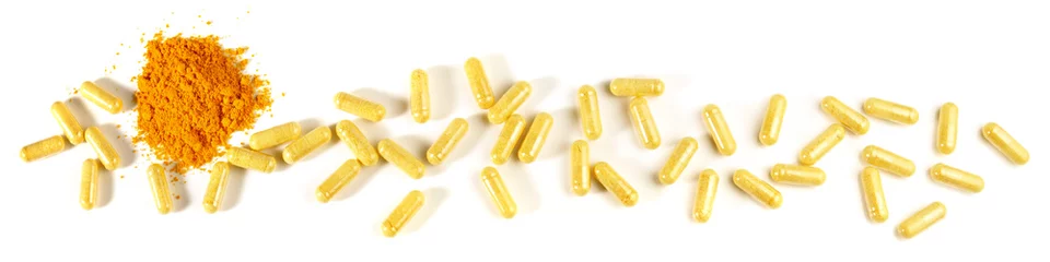 Foto auf Acrylglas Vitamin B Capsules and Powder Panorama isolated on white Background © ExQuisine