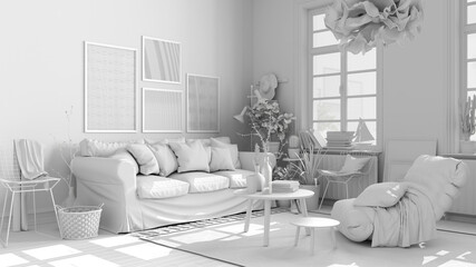 Total white project of scandinavian open space, living room with sofa, coffee tables, armchair, pillows, carpet, decors and potted plants, parquet floor, modern interior design