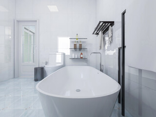 Family bathroom design, which placed toilet, bathtub, mirror and a variety of toiletries