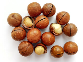 Natural macadamia nut isolated on white background.
